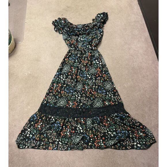 Philosophy Dresses & Skirts - Floral Boho Peasant Maxi Dress Ruffle & Lace Neckline Hem Coquette Cottagecore M